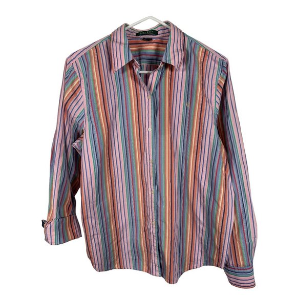 Lauren Ralph Lauren Large Button Shirt Womens Colorful Striped Long Sleeve Cotto - Picture 1 of 10